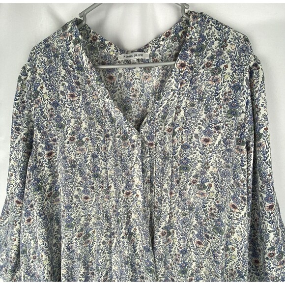Rose + Olive Top Blouse 3X Blue Pink Ditsy Floral 3/4 Sleeve Flowy Peasant Boho - Picture 2 of 11